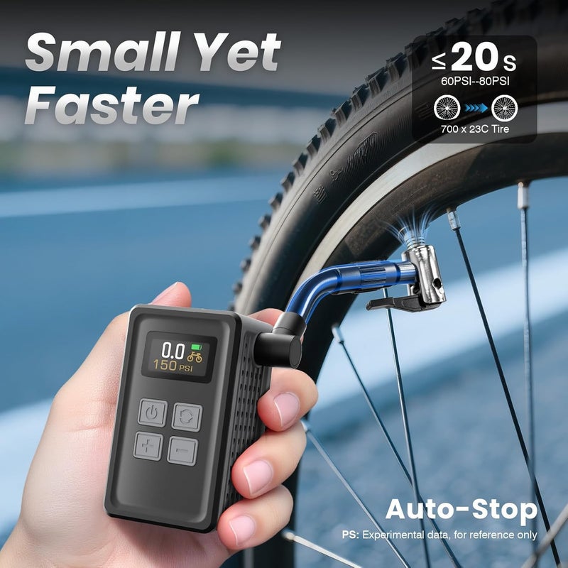 TOOLBOOX Mini Bicycle Pump with Gauge, Max 150PSI Electric Bike Pump with Presta & Schrader Valve, 4X Faster, Auto Stop, Brushless Motor, Upgraded Portable Bike Tire Pump for E-Bike, MTB, Road Bike, Ball, etc - Image 2